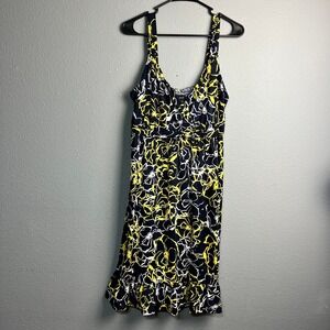 INC International Concepts Babydoll Navy Yellow Floral Smocked Midi Dress 1X